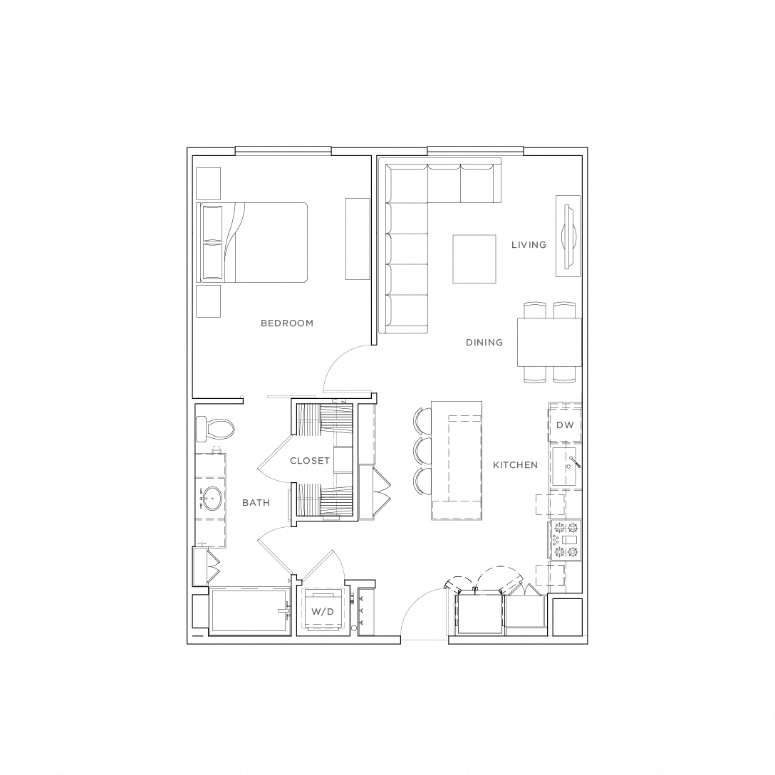 Floor plan for 1 bed, 1 bath, 780 sqft